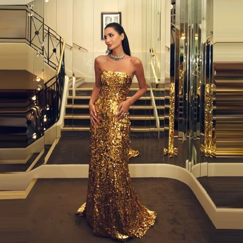 Putojantis Aukso China Vakaro Suknelės Stebėjimo Su Traukiniu Undinė Prom Chalatai, Vestuvių Svečių Ilgas Šalis Suknelė