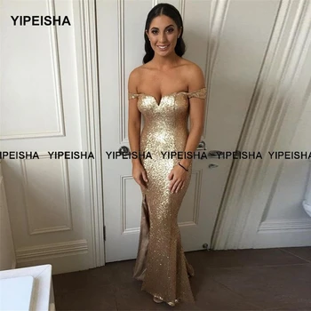 Yipeisha Blizgučiai Aukso China Bridesmaid Suknelę Off-pečių Undinė Šalis Suknelės Pusėje Ritininės Ilgai Vakare Suknelė Vestuvių