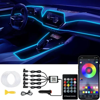 6IN1 8M Neon LED Automobilio Interjero, Aplinkos Šviesos Optinio Pluošto Juostelių Šviesos App nuotolinio Valdymo RGB LED Auto Atmosfera Dekoratyvinių Lempų